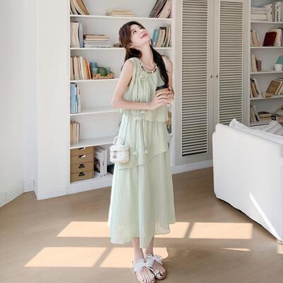 绿法式色假两件无袖款连衣C131-661裙女夏新浅独特漂亮甜美减龄背