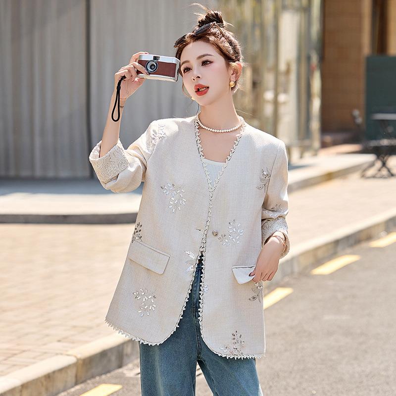 2025季8新款女装新中式MX895-03开衫上女亚麻绣衣春花钉珠国风外