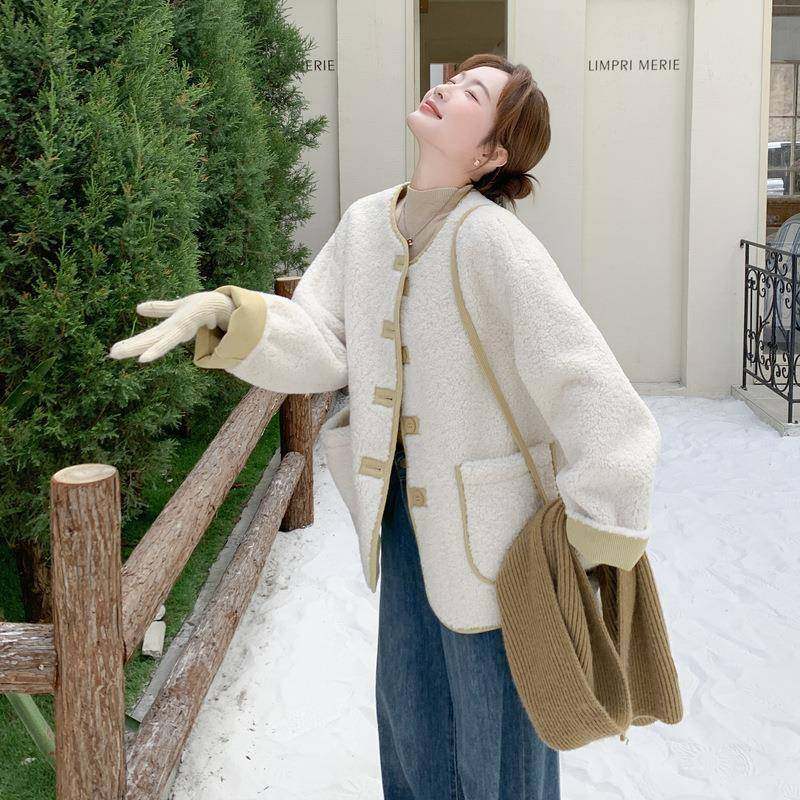 米白色仿皮毛一体套羊羔c062-265毛短外女小个龄子洋气减颗粒绒冬