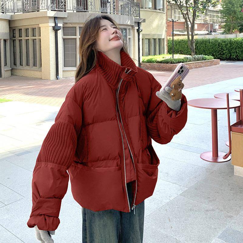 2b188-58红立领羽绒女服冬季新款短款针织色拼接计感白鸭绒设厚外