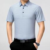 恤商务休闲翻领条纹爸爸装 G袖 冰男体丝 中年士蚕丝桑短02A06 夏季