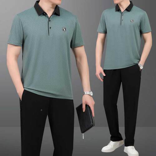 爸夏年装套装父亲夏冰丝短季袖恤爸中老休闲运78977780动服套装男