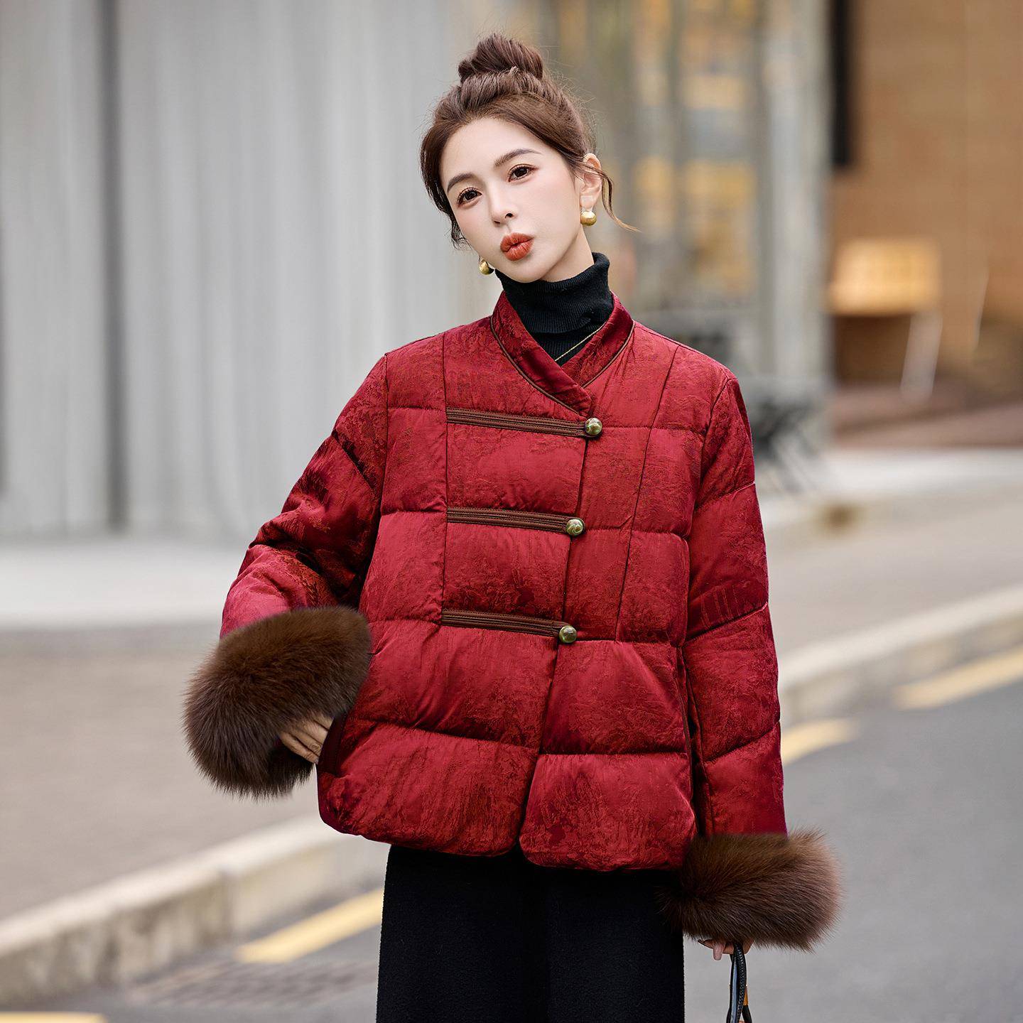 新中式国风羽绒服女H短袖款0252冬新款狐AH8155-1狸毛口鸭绒服外