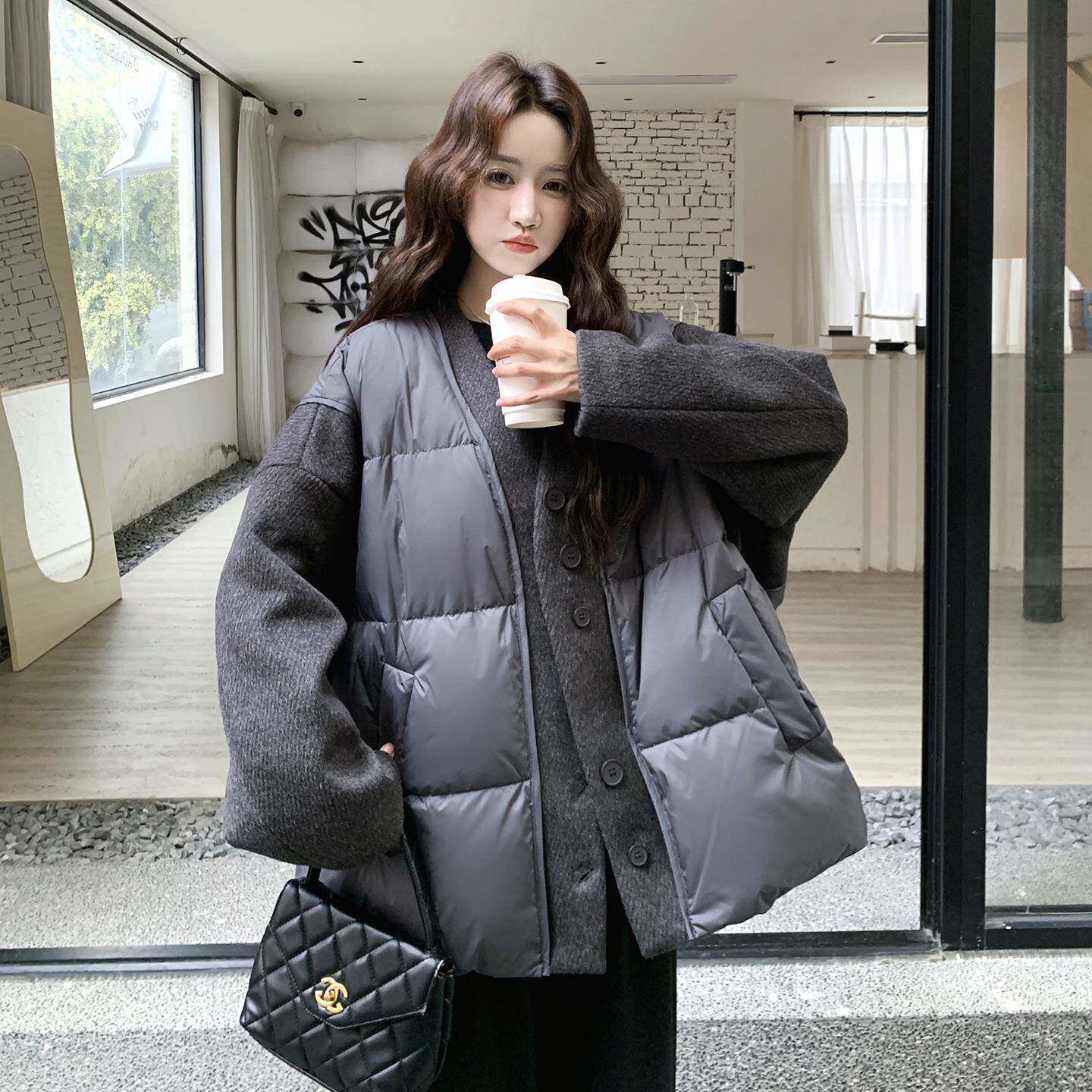 时髦感爆火毛呢接韩领羽拼绒C00-256服女冬季年款系白鸭新绒外套