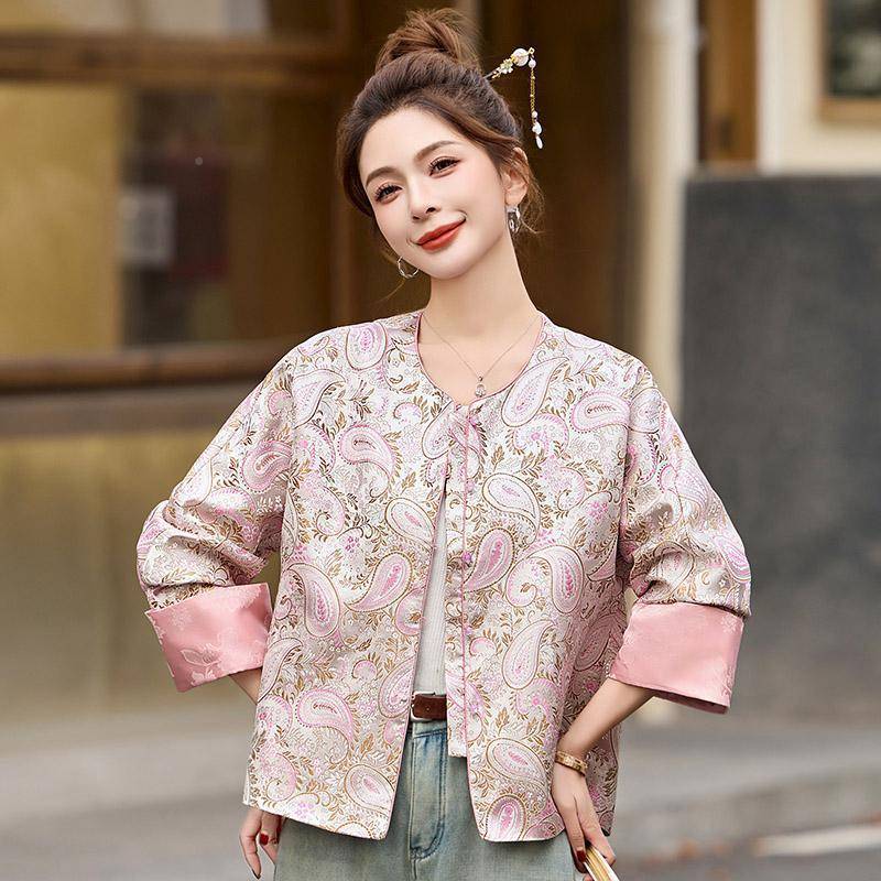 新式简约中复古设计ZAI9659S感提花松长袖外套女年春季盘新款宽扣