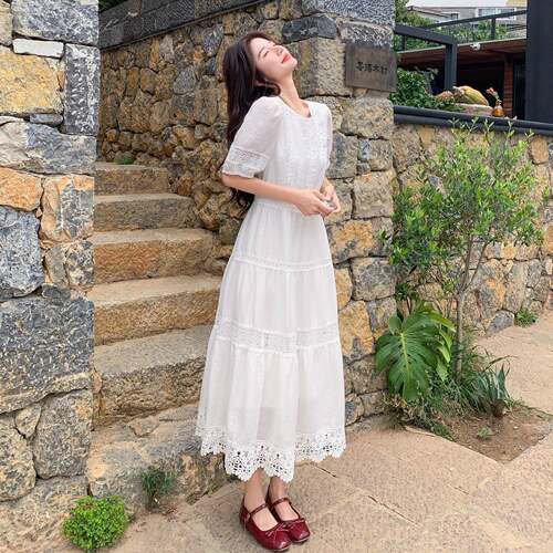 白法式蕾C3967-79丝拼接泡泡袖柔连衣裙女夏新色款温清风纯甜美字
