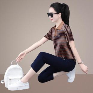 跑步七分褲 運(yùn)動(dòng)套裝 紋短8990276袖 小裝 女夏季 個(gè)子閑晨跑服條休兩