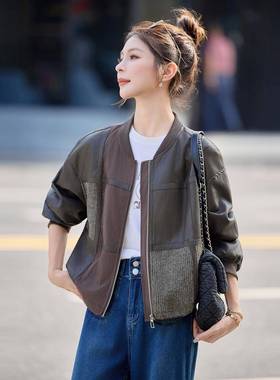 套秋装新款宽洋松尚立领休闲外气拉链INH时拼接皮衣夹克