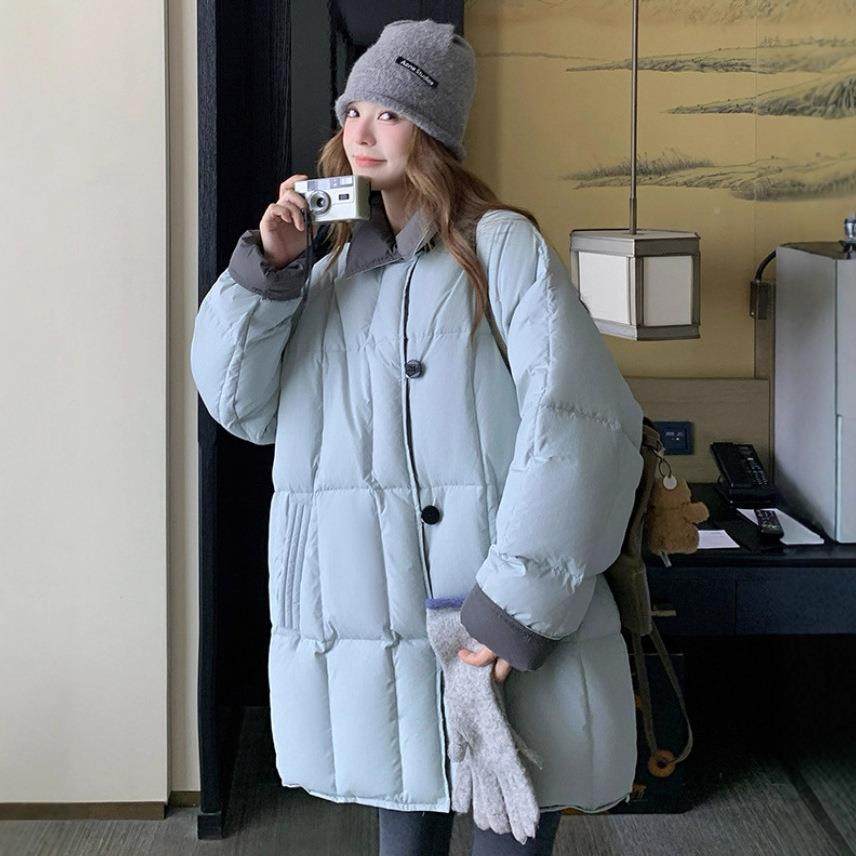 设B169A-85计感色翻领羽绒服女中冬撞季韩款系超好看长白鸭绒厚外