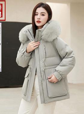 品牌品正撤柜派克加大厚羽绒服女71240-收服腰领冬新款毛白鸭绒外