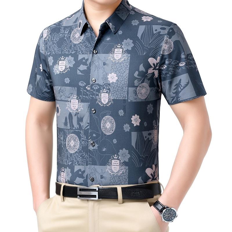 夏68975季新款简务休闲花衬衫短袖衬约衫男衬士商桑蚕丝衣爸爸男
