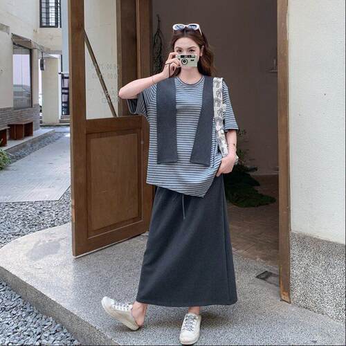 灰色系休闲半松弛感韩装女套新款不规则条纹上C098-680衣身裙两件
