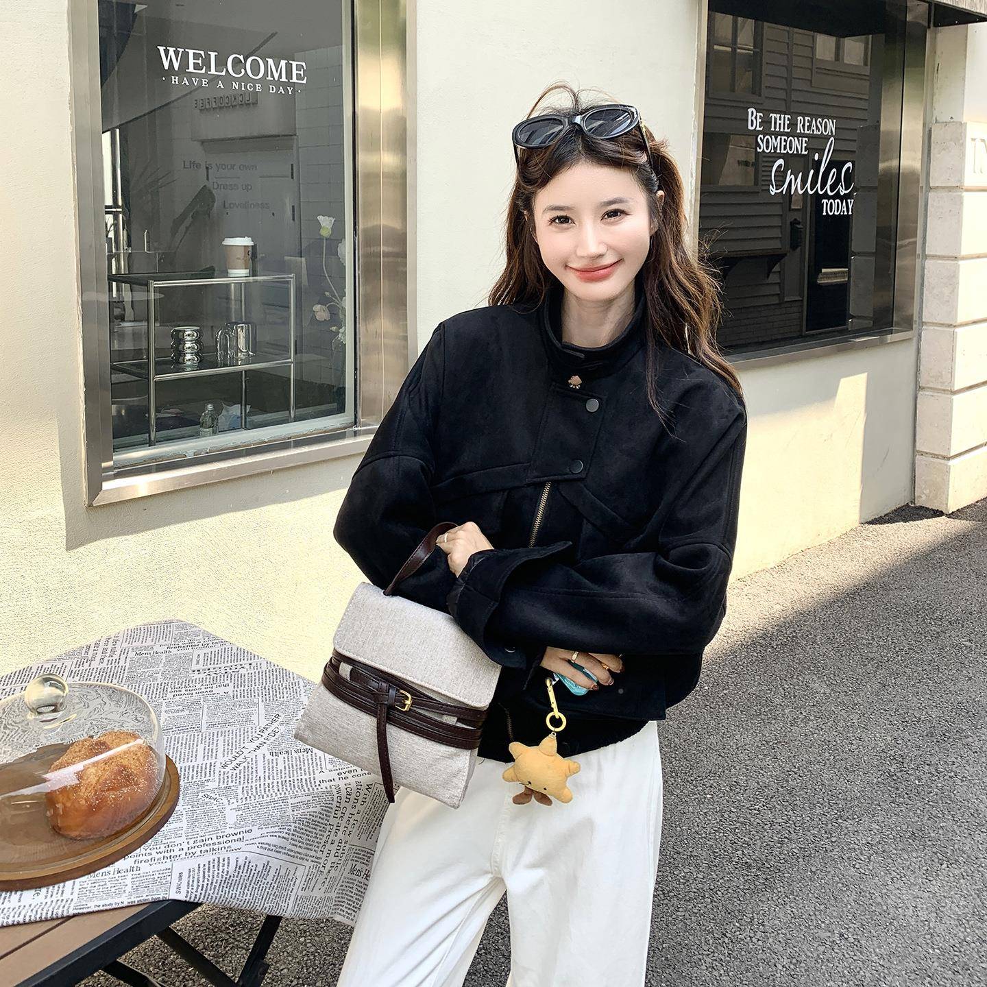 黑色麂皮绒短外休套女秋新款高级感小个子又ZZB205-B闲酷又翻领夹