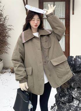 军绿色工装翻领羽服女冬绒新款c159-58设计感宽松休闲季白鸭绒外