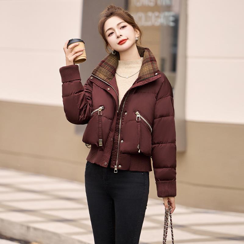 女冬式羽绒松服2024季百新款格子拼WN6109接搭宽立领白鸭绒外套 W