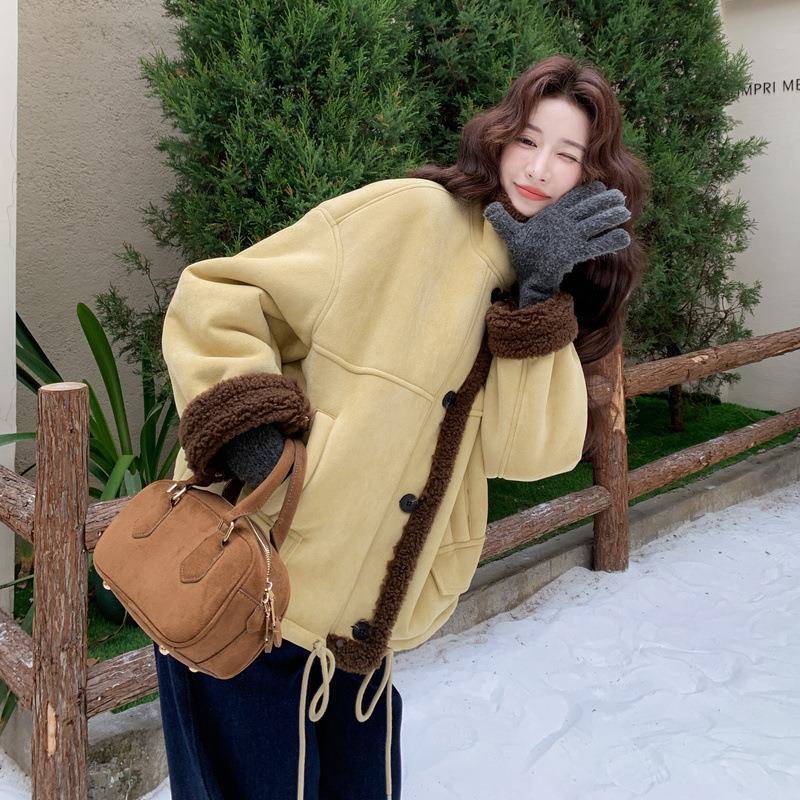 绒黄色仿皮棉毛一羊羔毛外体套女c062-257新款好看的深冬加加厚服