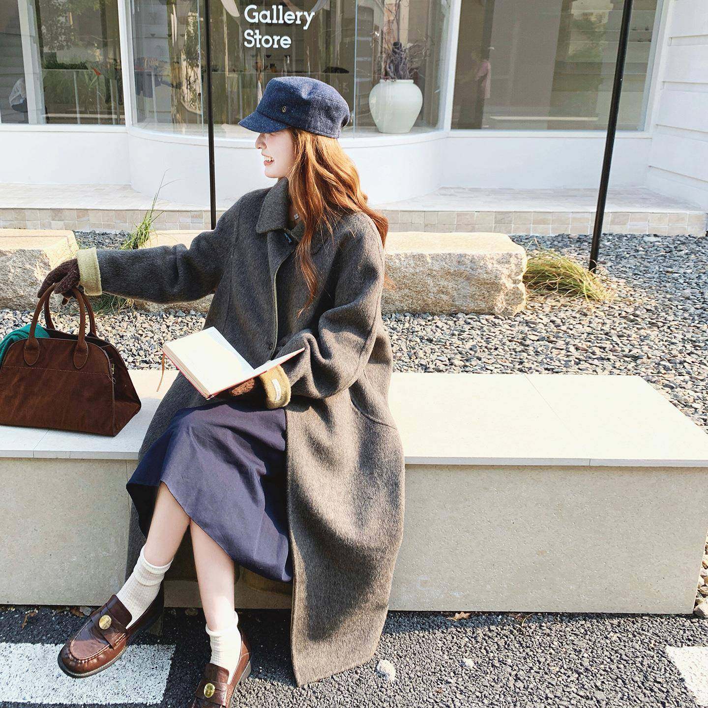 灰色中羊毛大衣女年冬季众长款时尚小计设感保暖加厚呢子C079-454