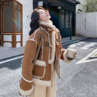 加厚 682羔毛外套女冬新小个子羊短款 美拉德色咖仿皮毛款 一体c299