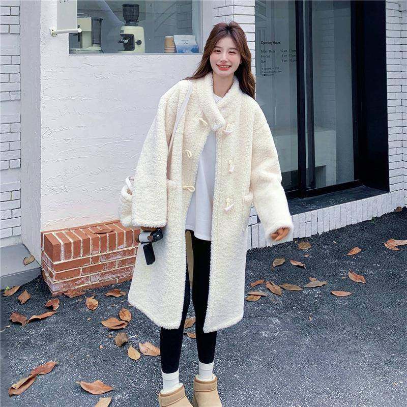 牛款角扣羔毛羊衣女秋冬新款大韩版加厚保暖带C118-M6包包中长外