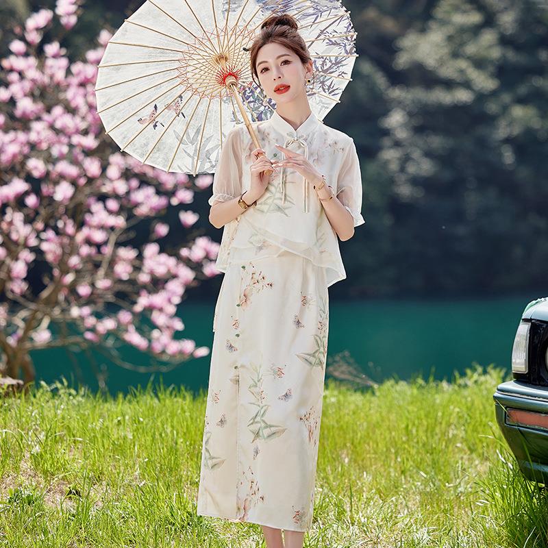 中式国风女改旗袍韩28连衣裙装良新新款夏季显瘦气质两件套装裙子