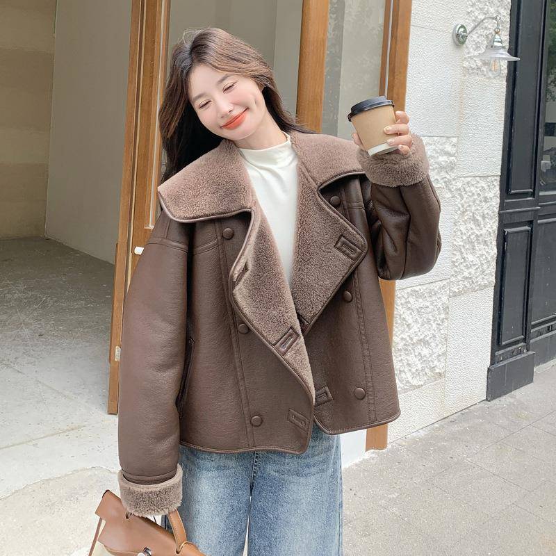 正反两穿仿皮一体羊羔毛外面套女冬季加绒加厚大翻2B18-90领皮机