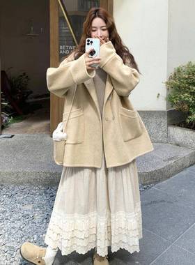浅黄色短款双面呢羊毛大衣女看秋2B218-25新款小个冬子巨外好毛呢