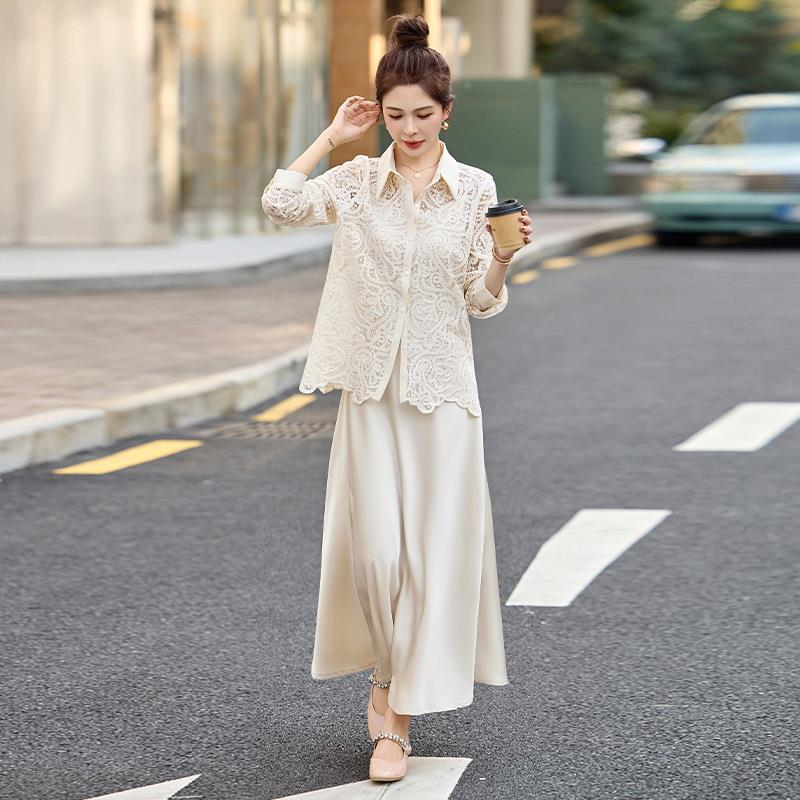 2025春款镂空钩花蕾丝上衣新面缎丝滑吊带裙两套CY8122-0连衣裙C