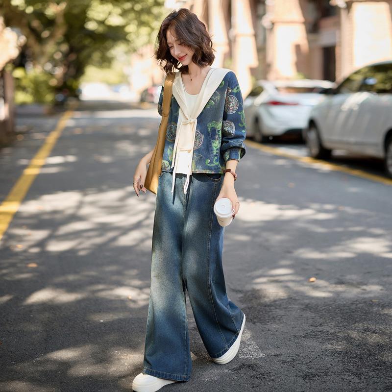 牛仔套装女秋2059新款新中式短外套休2闲时尚阔腿XH5896-0裤季两