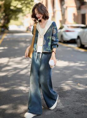 牛仔套装女秋2059新款新中式短外套休2闲时尚阔腿XH5896-0裤季两