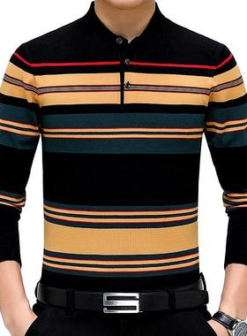 新品男8357-B+士长袖恤休闲中翻年秋恤领男式装品牌条纹新款料男