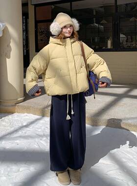 黄色款格纹拼接羽服新款女冬短季独特b171-XW超好看小个子连绒外