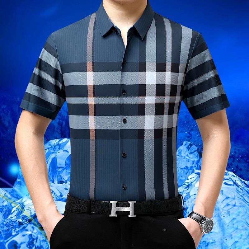 休新品601-B夏季中年男装薄款袖短桑衬衫宽桑松蚕丝闲格子衬衣