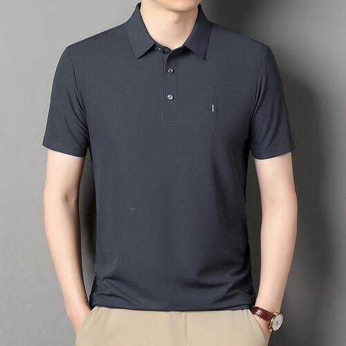 新款夏季桑蚕丝衫翻高恤男士短袖领潮流衫青中档年25011-KK男装