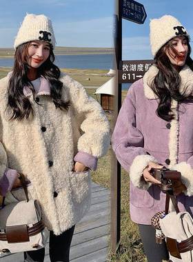 紫色设感两面翻领羊羔毛外套仿女冬保暖加穿厚皮D006-70毛一体计