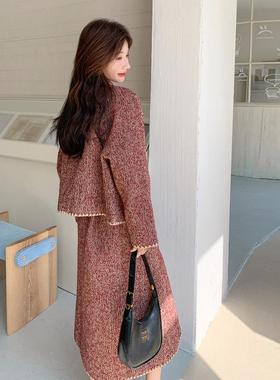 高级感红色毛件呢小香套装风裙女秋冬气质羊毛外C182-T50半套身裙