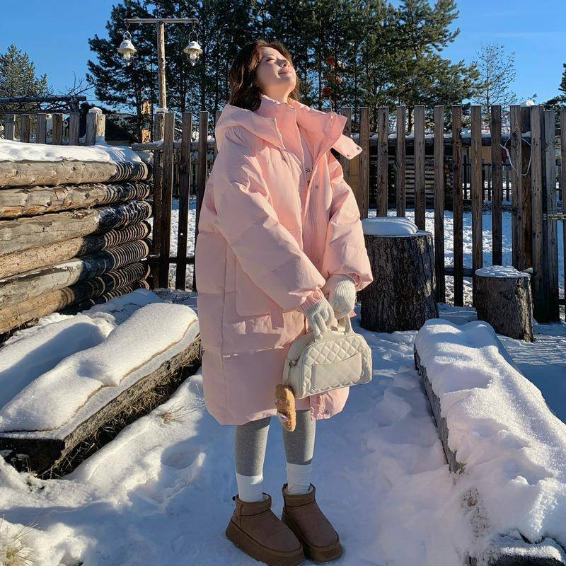 袄粉色连款帽羽绒服女中长冬季新款韩D085-K0系高级感加厚白鸭绒