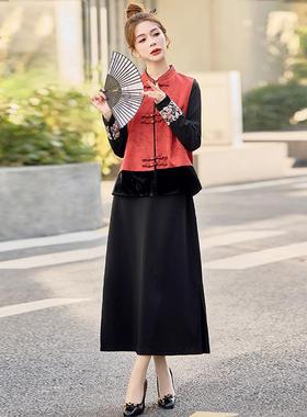 202衣ZM25206-5春季款新中式国风甲立领洋气马长袖连裙两新件套裙