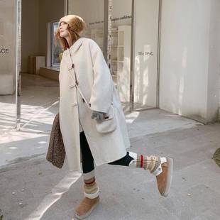 白色韩系牛角扣连帽双面羊绒大衣C25-570女冬季中长洋款毛呢外气