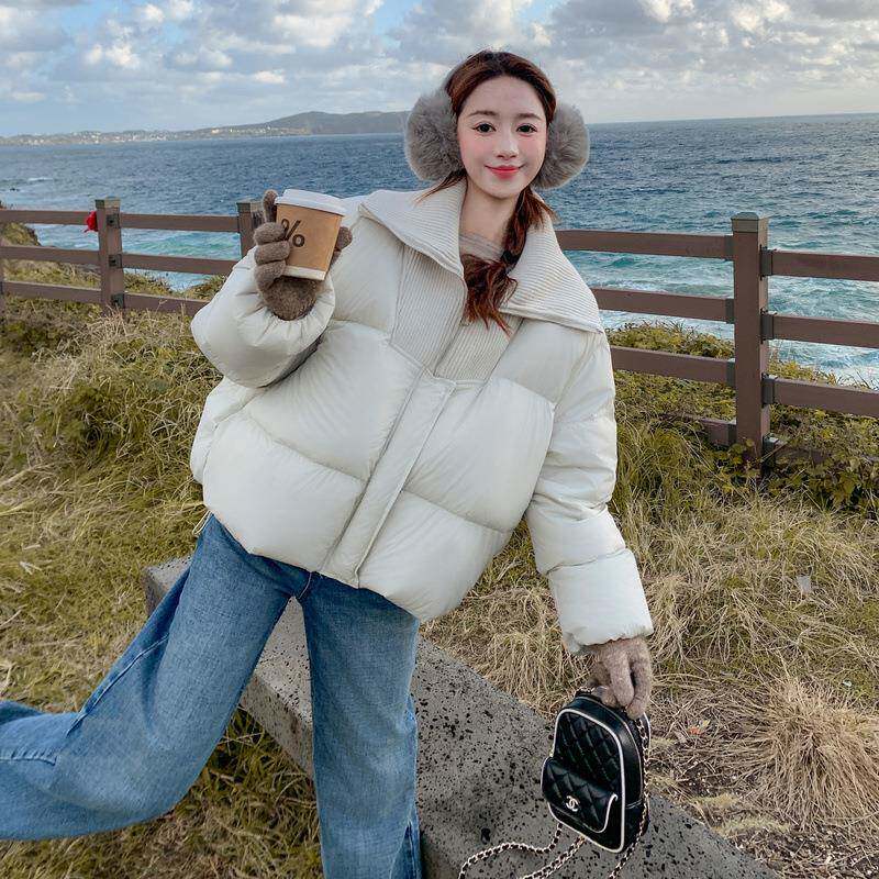 米白色针领拼接羽绒加服女季厚短外套织巨好看高级感韩系冬c191-A