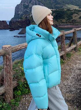湖蓝色冬羽泡芙C18-Y81连短款绒服女新款韩版帽休闲保暖白鸭绒外