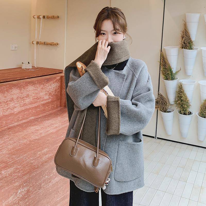 灰色双面C077-259呢主羊绒大衣女秋冬个新韩剧女款氛围感小子围巾