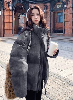 紫色设计感C100-41短扎外染绒服女款冬季新款复古白鸭羽绒面包服