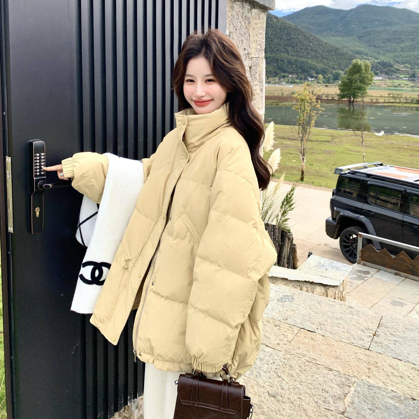 宽奶黄色连帽ZMIAO658羽绒服女冬季新款系松减龄白韩鸭绒外套潮