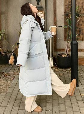 白色连帽收腰羽新绒服女冬季c19-866白款韩过系温柔长款膝鸭绒外