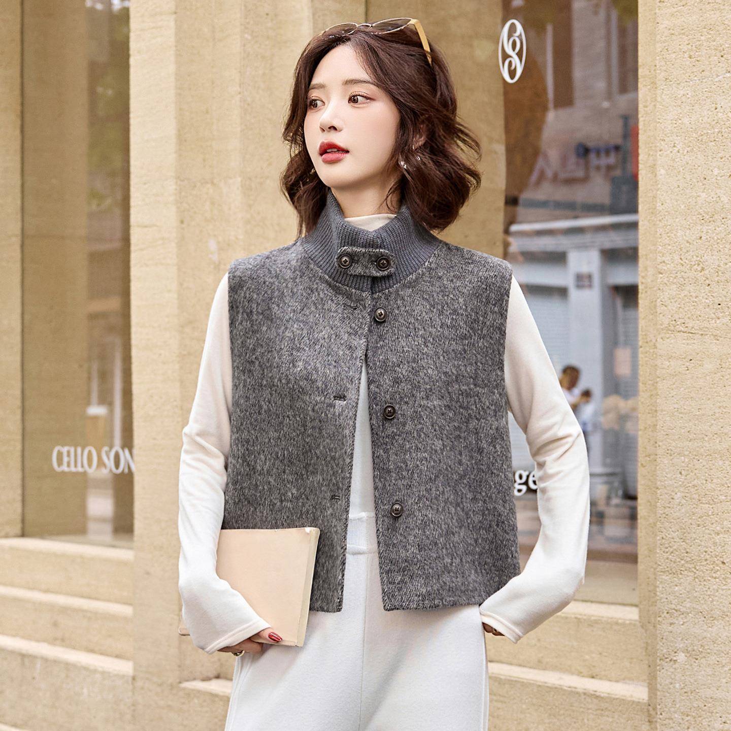 202立秋冬季新款温柔减龄领5马甲两件长款女装羊毛呢大衣 X套XM96