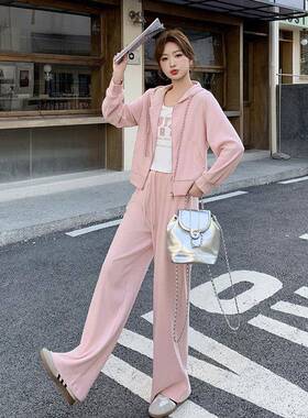粉色韩版抽绳连女帽运动卫风衣套装件春ZDIE6821季新款休闲阔腿裤
