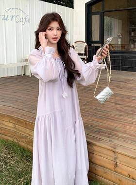 款芋紫色茶歇法式连衣裙女香秋季新气质长优雅温柔雪纺ZZB0056仙