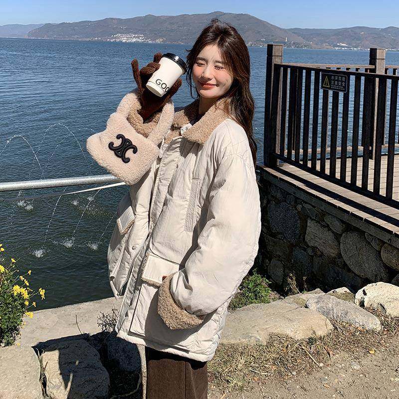 米白色羊羔毛拼接羽绒c201-186服女中长款季加新冬韩版厚白鸭绒外