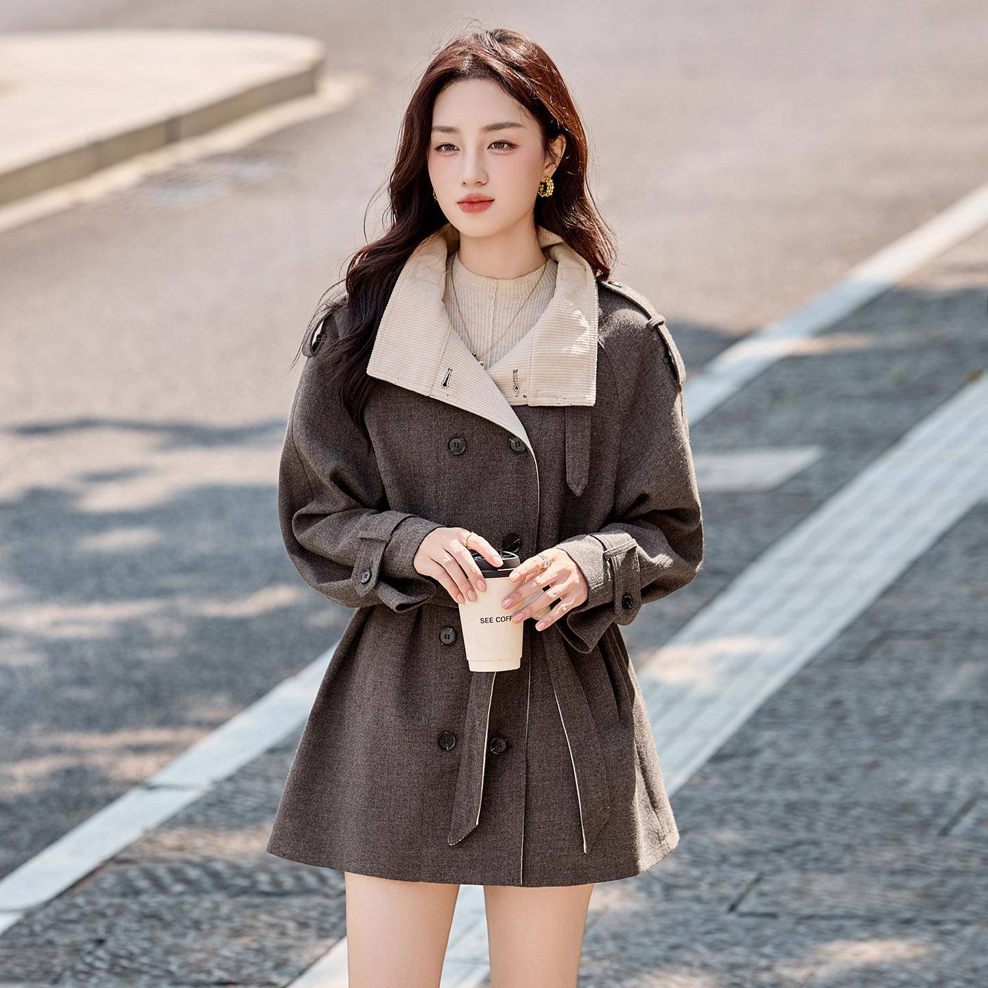 韩立ZYI9281R领气风衣外套女小个子瘦秋季新款系休闲廓形质系带显