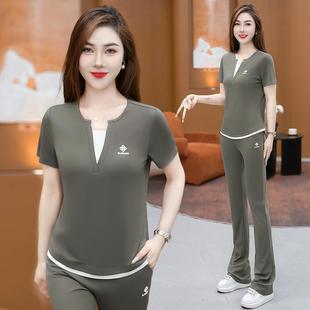 新款 時(shí)女尚韓版 閑休裝 短袖 8855147立領(lǐng)冰絲夏顯瘦兩 運(yùn)動(dòng)套裝 夏季